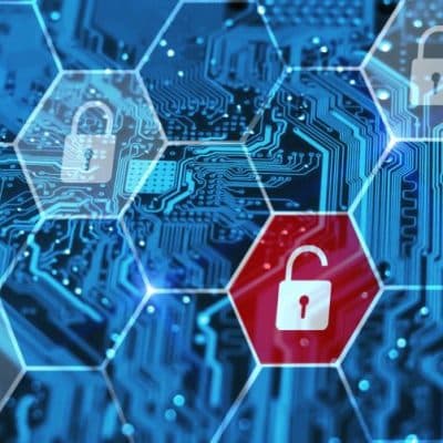Integrated circuit and virtual digital padlocks representing cybersecurity